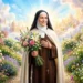 Raffigurazione devozionale di Santa Teresa d’Avila in abito religioso, con un rosario tra le mani e un bouquet di fiori colorati