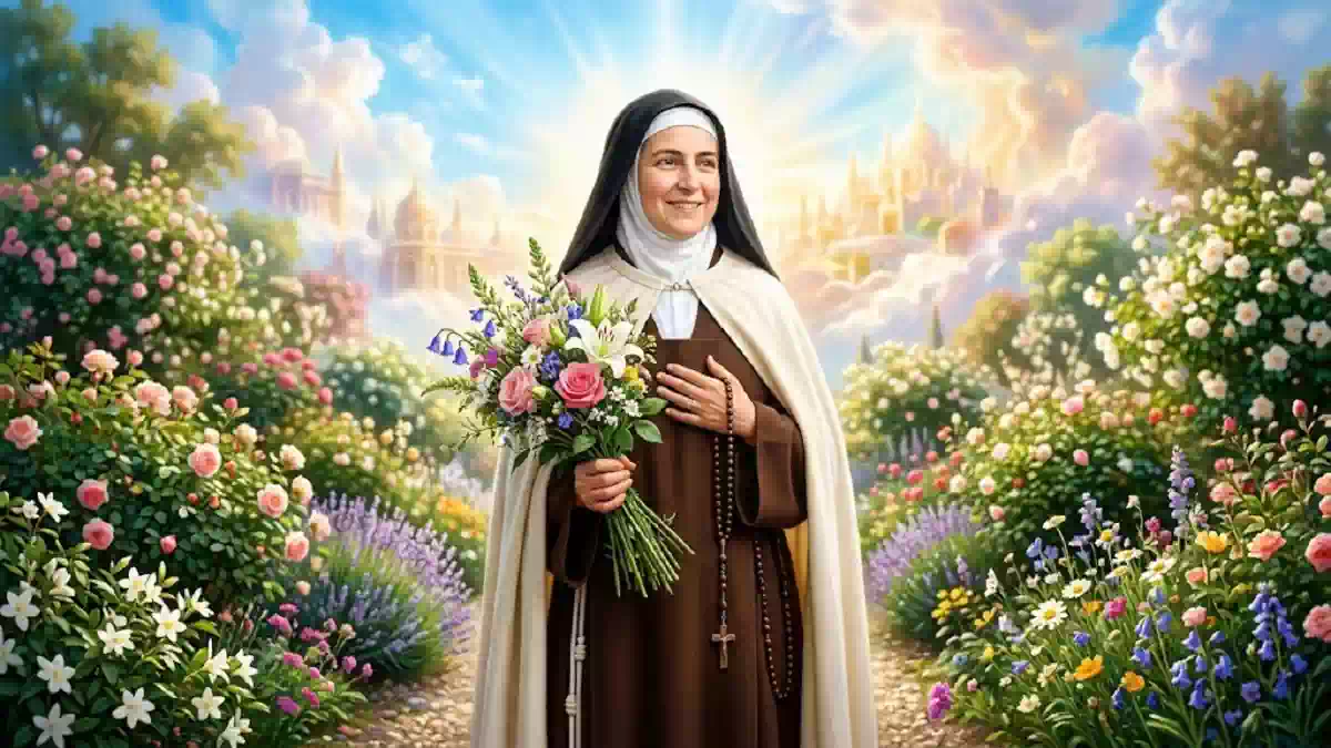 Raffigurazione devozionale di Santa Teresa d’Avila in abito religioso, con un rosario tra le mani e un bouquet di fiori colorati