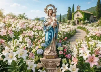 Statua di Santa Maria degli Angeli circondata da un rigoglioso campo di gigli bianchi e rosa, con una piccola chiesa in pietra sullo sfondo e un sentiero fiorito immerso nella campagna