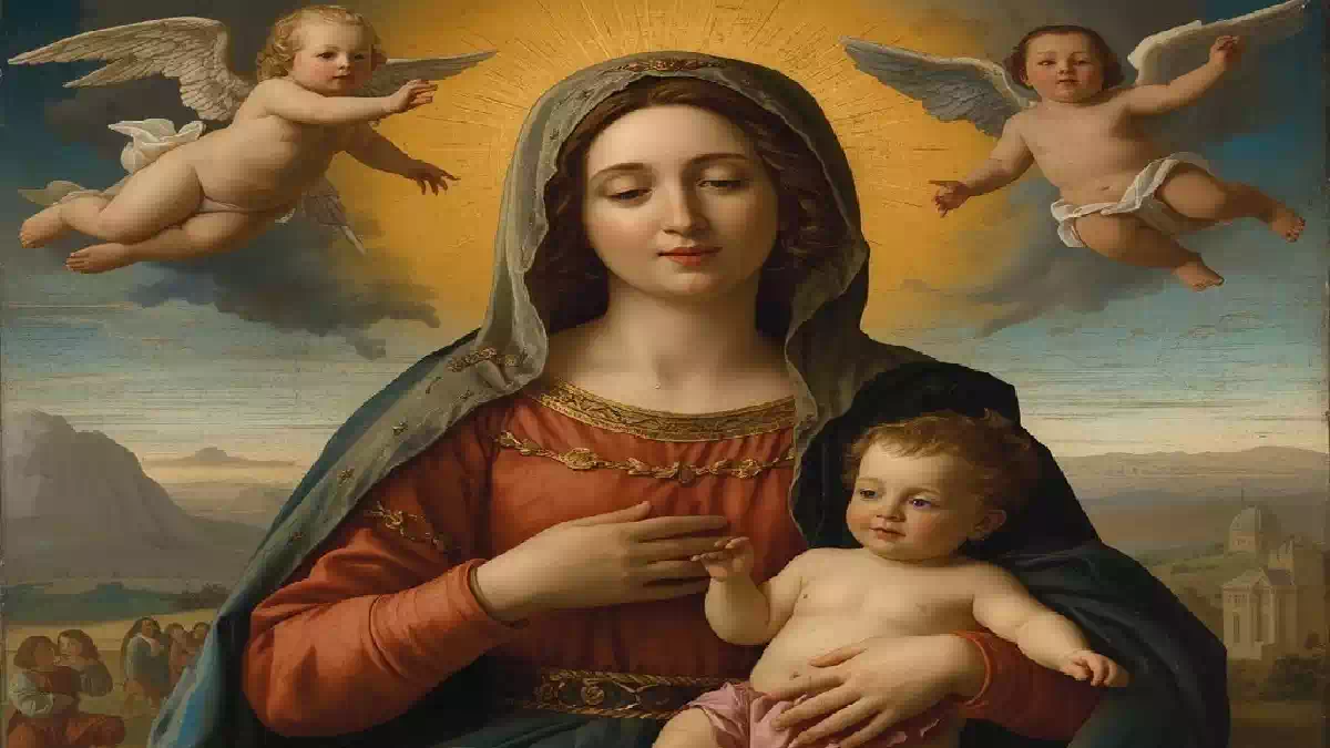 Madonna del Sorriso con il Bambino Gesù in braccio, raffigurata con aureola dorata e circondata da angeli in volo. Sullo sfondo si intravedono un paesaggio collinare, fedeli in preghiera e una chiesa, simboli di fede, protezione e speranza.