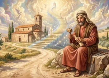 Illustrazione religiosa di San Luca Evangelista seduto su una roccia mentre intaglia un rotolo con strumenti da lavoro artigianali