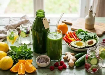 Dieta detox di 3 giorni con frutta, verdure e bevande depurative su tavolo chiaro per favorire eliminazione tossine e perdita di peso.