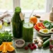 Dieta detox di 3 giorni con frutta, verdure e bevande depurative su tavolo chiaro per favorire eliminazione tossine e perdita di peso.