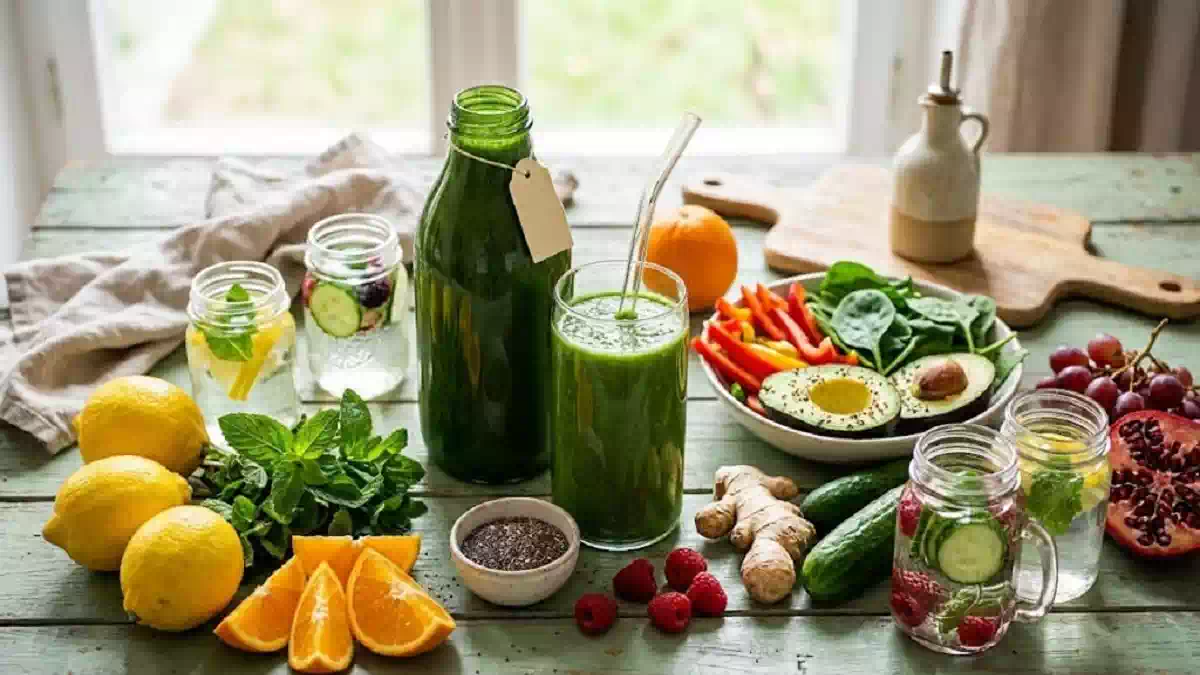 Dieta detox di 3 giorni con frutta, verdure e bevande depurative su tavolo chiaro per favorire eliminazione tossine e perdita di peso.