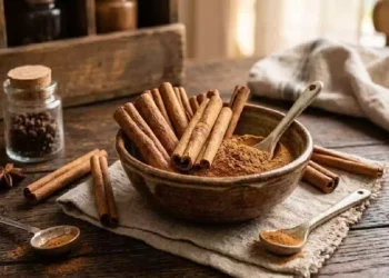 Cannella in stecche e cannella in polvere disposte in una ciotola rustica di terracotta su un tavolo di legno, con cucchiaini, anice stellato e spezie aromatiche in un'ambientazione calda e naturale
