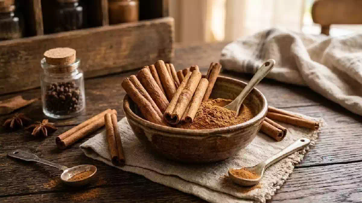 Cannella in stecche e cannella in polvere disposte in una ciotola rustica di terracotta su un tavolo di legno, con cucchiaini, anice stellato e spezie aromatiche in un'ambientazione calda e naturale