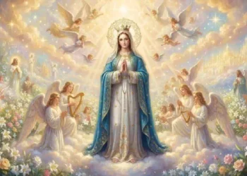 Maria Santissima Regina del Cielo in paradiso circondata da angeli, fiori luminosi e raggi di luce divina tra le nuvole celesti, in una suggestiva scena sacra di pace, fede e spiritualità.