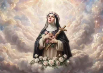 Santa Rosa da Lima in preghiera tra nuvole e rose celesti con crocifisso.