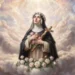 Santa Rosa da Lima in preghiera tra nuvole e rose celesti con crocifisso.