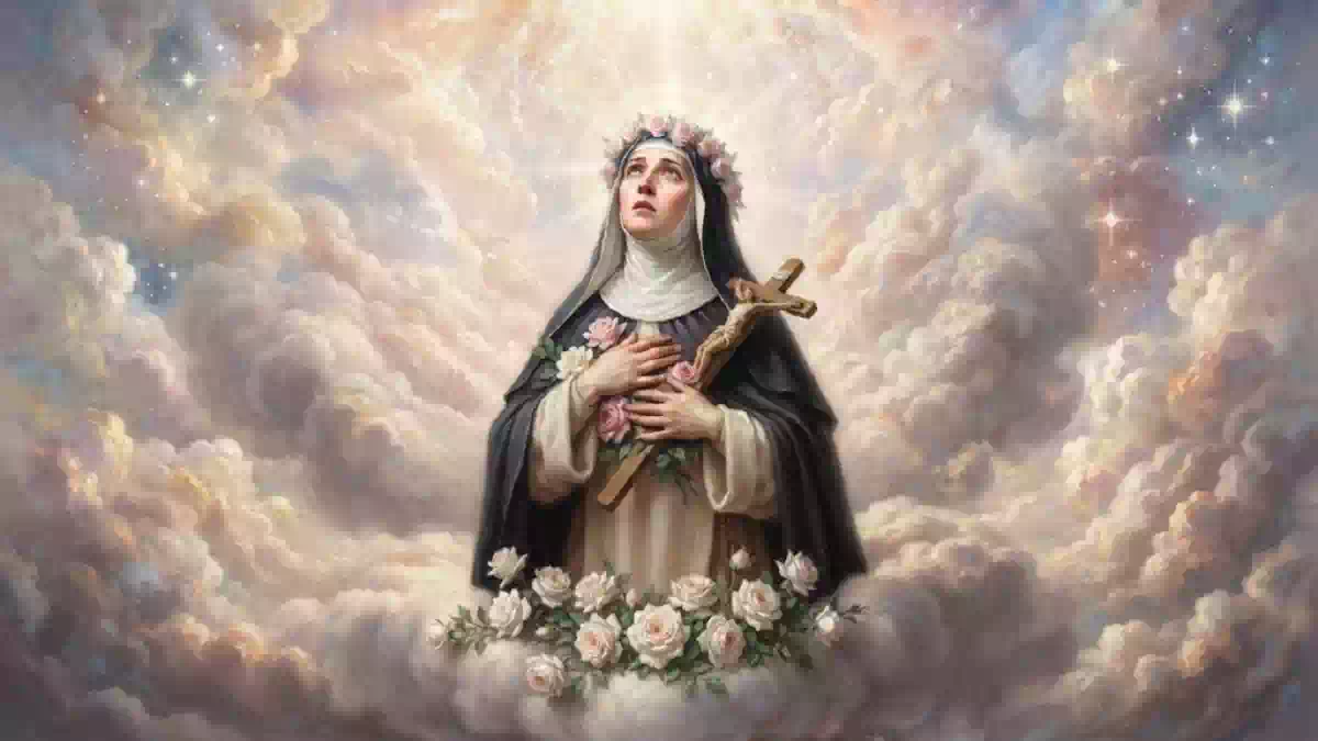 Santa Rosa da Lima in preghiera tra nuvole e rose celesti con crocifisso.
