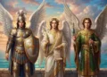 I Santi Arcangeli Michele, Gabriele e Raffaele raffigurati con grandi ali luminose davanti a un suggestivo paesaggio marino al tramonto