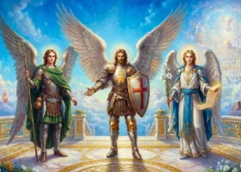 I Santi Arcangeli Michele, Gabriele e Raffaele raffigurati in un luminoso scenario celeste tra nuvole, ali spiegate e luce divina.