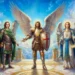 I Santi Arcangeli Michele, Gabriele e Raffaele raffigurati in un luminoso scenario celeste tra nuvole, ali spiegate e luce divina.
