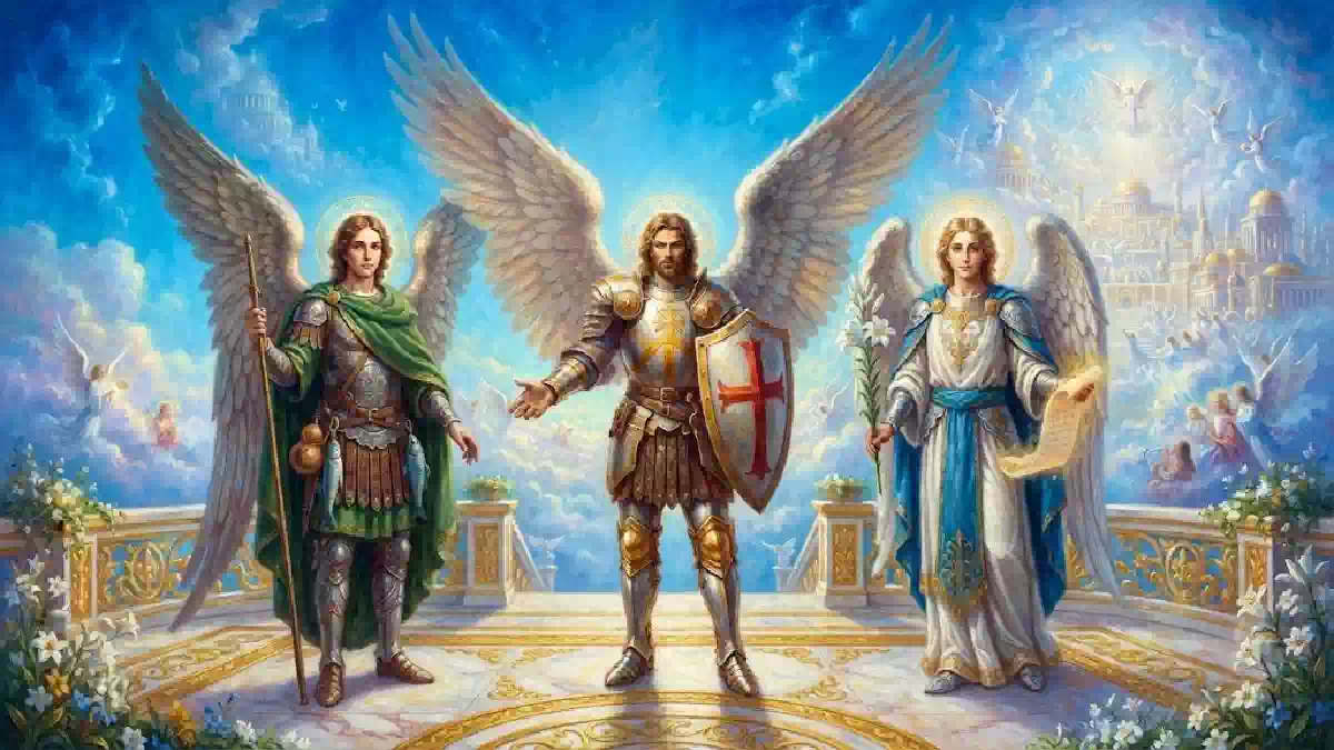 I Santi Arcangeli Michele, Gabriele e Raffaele raffigurati in un luminoso scenario celeste tra nuvole, ali spiegate e luce divina.