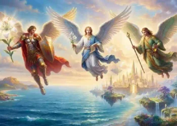 I Santi Arcangeli Michele, Gabriele e Raffaele raffigurati mentre sorvolano un luminoso paesaggio celeste tra mare, nuvole e città paradisiaca