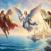 I Santi Arcangeli Michele, Gabriele e Raffaele raffigurati mentre sorvolano un luminoso paesaggio celeste tra mare, nuvole e città paradisiaca