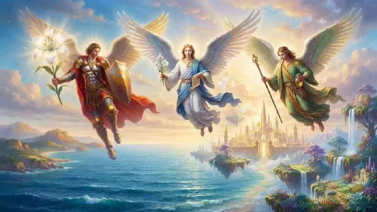 I Santi Arcangeli Michele, Gabriele e Raffaele raffigurati mentre sorvolano un luminoso paesaggio celeste tra mare, nuvole e città paradisiaca