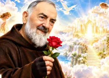 Padre Pio con una rosa rossa tra le mani immerso in uno scenario paradisiaco, circondato da angeli, colombe bianche, nuvole luminose e un maestoso ingresso celeste dorato
