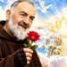 Padre Pio con una rosa rossa tra le mani immerso in uno scenario paradisiaco, circondato da angeli, colombe bianche, nuvole luminose e un maestoso ingresso celeste dorato