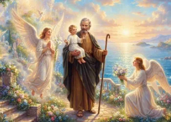San Giuseppe con il Bambino Gesù in braccio circondato da angeli luminosi in un giardino celeste ricco di fiori, con mare e cielo dorato sullo sfondo, simbolo di fede, protezione e silenziosa devozione.