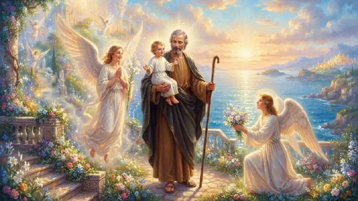 San Giuseppe con il Bambino Gesù in braccio circondato da angeli luminosi in un giardino celeste ricco di fiori, con mare e cielo dorato sullo sfondo, simbolo di fede, protezione e silenziosa devozione.