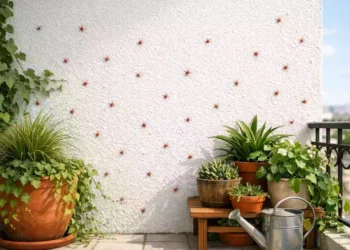 Ragnetti rossi su muri e balconi in primavera