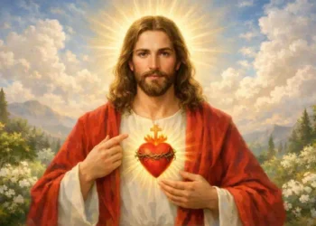 Preziosissimo Cuore di Gesù su sfondo paradisiaco, simbolo dei 12 gesti di devozione del mese di luglio
