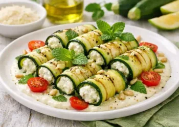 Cannelloni freddi di zucchine ripieni di ricotta con crema al parmigiano e menta