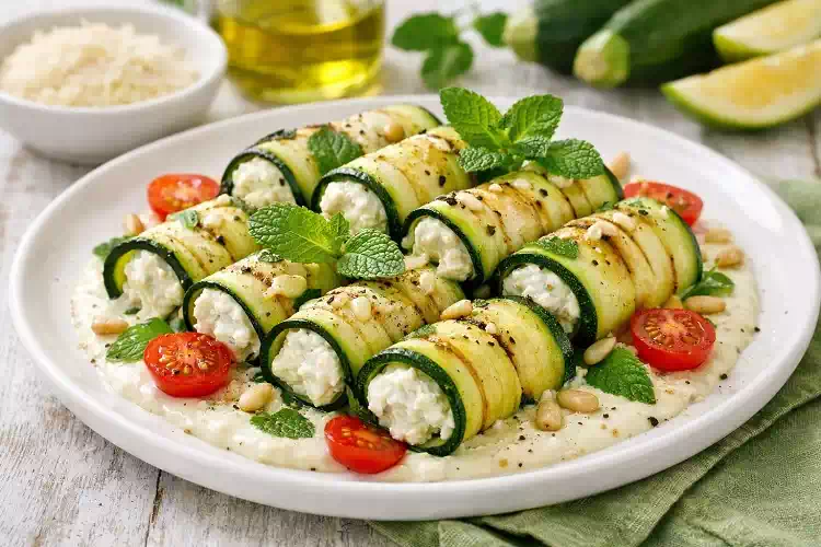 Cannelloni freddi di zucchine ripieni di ricotta con crema al parmigiano e menta