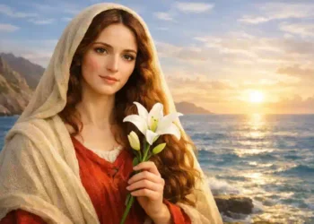 Maria Maddalena sul mare con un giglio bianco, simbolo di purezza e fede, illuminata dalla luce del Risorto.