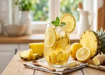 Un bicchiere di bevanda depurativa con fette di ananas, limone e zenzero fresco su un tavolo di legno in cucina.