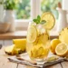 Un bicchiere di bevanda depurativa con fette di ananas, limone e zenzero fresco su un tavolo di legno in cucina.