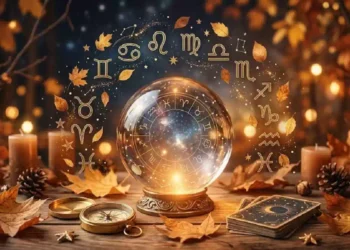 Sfera di cristallo luminosa con oroscopo e simboli zodiacali dorati circondata da foglie autunnali per le previsioni di Branko di Settembre 2026.