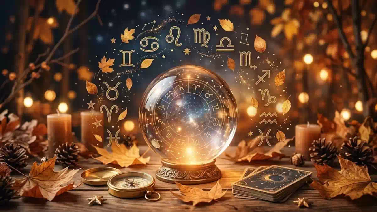 Sfera di cristallo luminosa con oroscopo e simboli zodiacali dorati circondata da foglie autunnali per le previsioni di Branko di Settembre 2026.