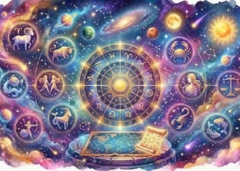 Illustrazione astrologica con i dodici segni zodiacali disposti in cerchio attorno a un sole centrale, su sfondo cosmico con stelle, pianeti e galassie.