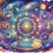 Illustrazione astrologica con i dodici segni zodiacali disposti in cerchio attorno a un sole centrale, su sfondo cosmico con stelle, pianeti e galassie.
