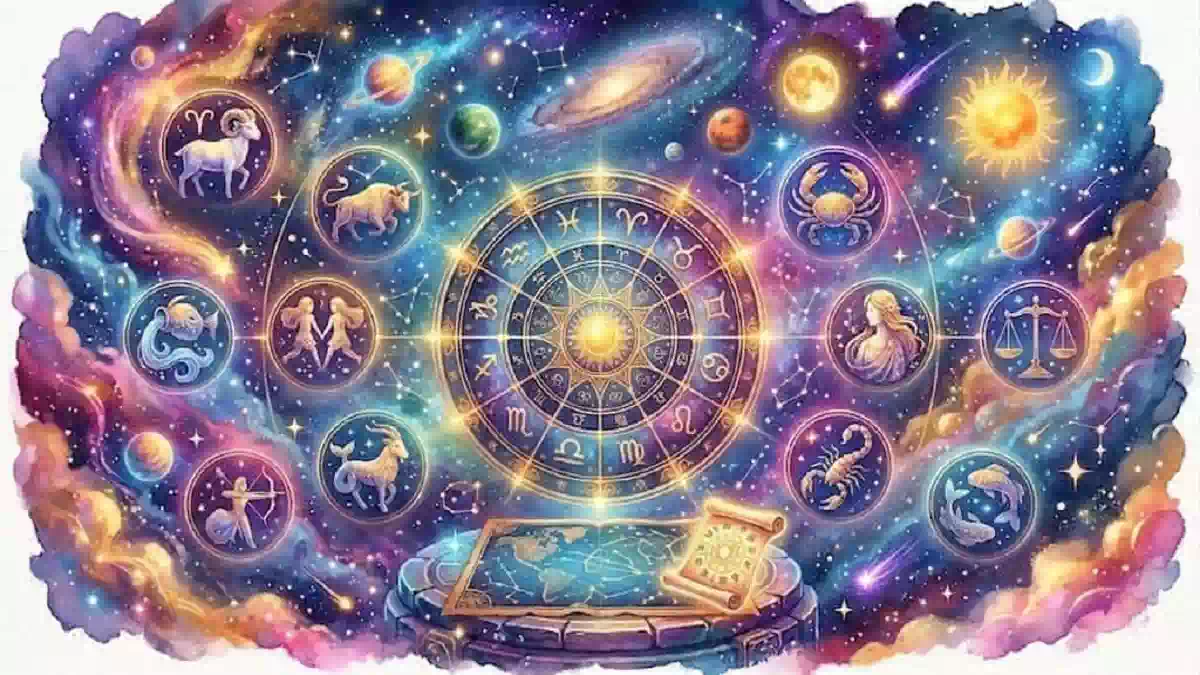 Illustrazione astrologica con i dodici segni zodiacali disposti in cerchio attorno a un sole centrale, su sfondo cosmico con stelle, pianeti e galassie.