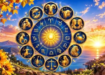 Ruota zodiacale con i 12 segni in oro e blu su un paesaggio autunnale al tramonto. Girasoli, foglie dorate e mare illuminato astrologia e oroscopo.