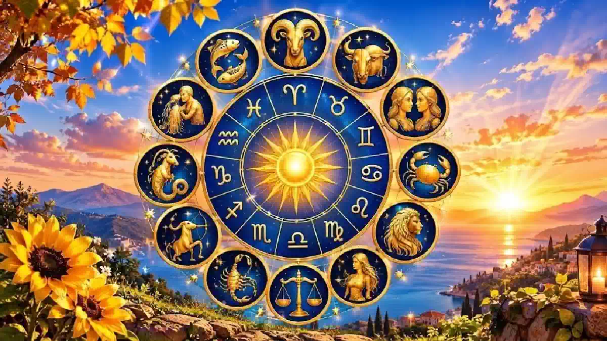 Ruota zodiacale con i 12 segni in oro e blu su un paesaggio autunnale al tramonto. Girasoli, foglie dorate e mare illuminato astrologia e oroscopo.