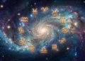 Illustrazione dello zodiaco in oro su sfondo galattico a spirale.