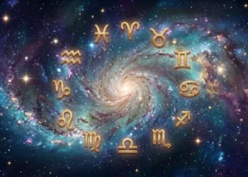 Illustrazione dello zodiaco in oro su sfondo galattico a spirale.