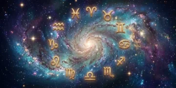 Illustrazione dello zodiaco in oro su sfondo galattico a spirale.