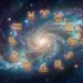Illustrazione dello zodiaco in oro su sfondo galattico a spirale.