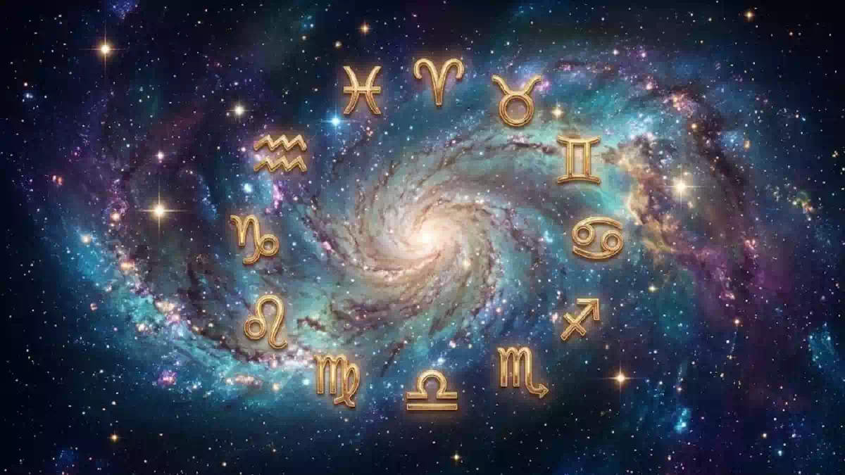 Illustrazione dello zodiaco in oro su sfondo galattico a spirale.