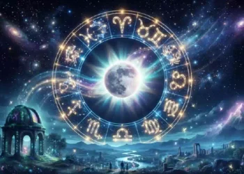 Rappresentazione dell’eclissi solare del 12 agosto nel segno del Leone, con riferimento ai quattro segni zodiacali fissi coinvolti nel nuovo ciclo astrologico.