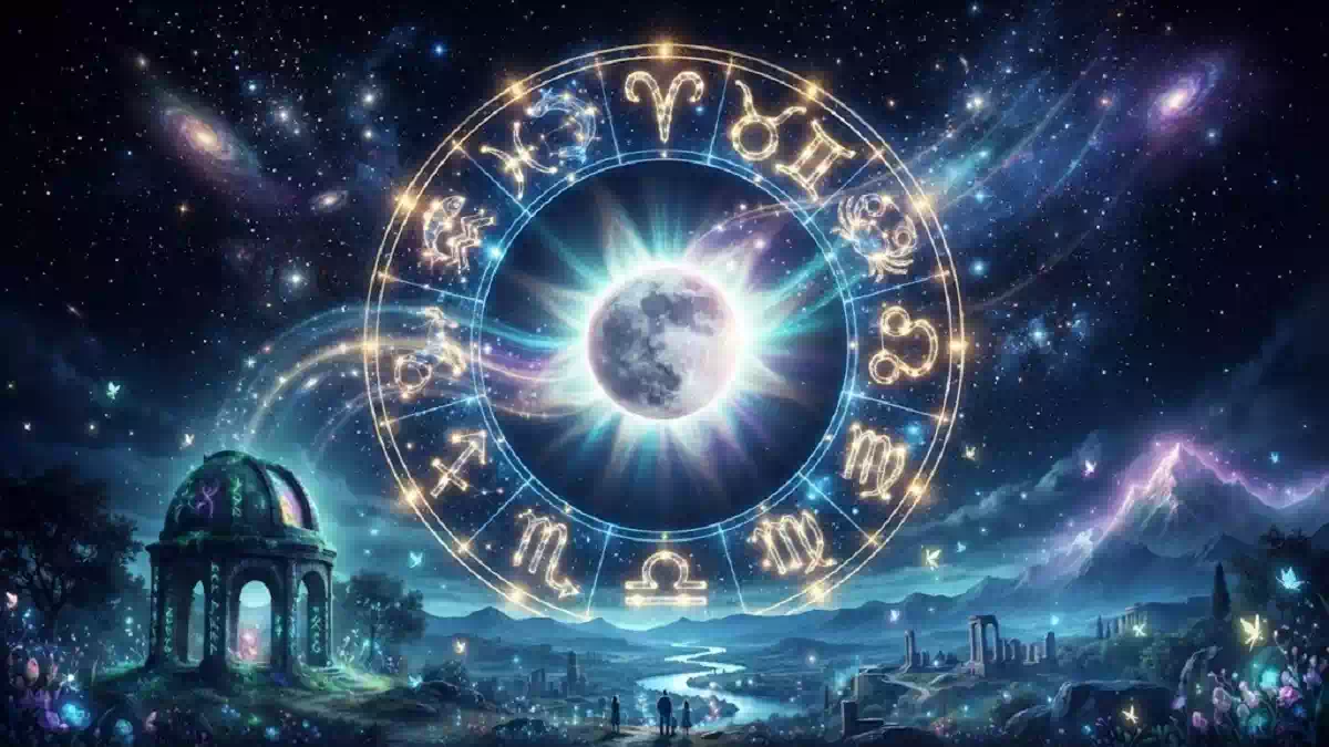 Rappresentazione dell’eclissi solare del 12 agosto nel segno del Leone, con riferimento ai quattro segni zodiacali fissi coinvolti nel nuovo ciclo astrologico.