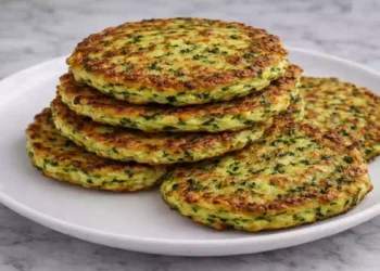 Frittelle di zucchine al forno dorate e croccanti servite su piatto bianco, antipasto leggero senza olio