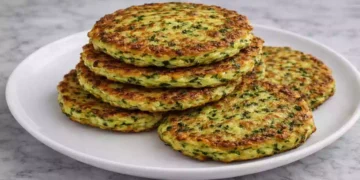 Frittelle di zucchine al forno dorate e croccanti servite su piatto bianco, antipasto leggero senza olio