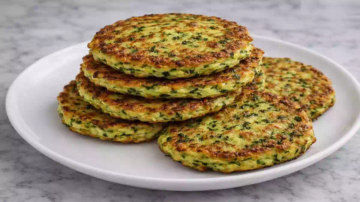 Frittelle di zucchine al forno dorate e croccanti servite su piatto bianco, antipasto leggero senza olio
