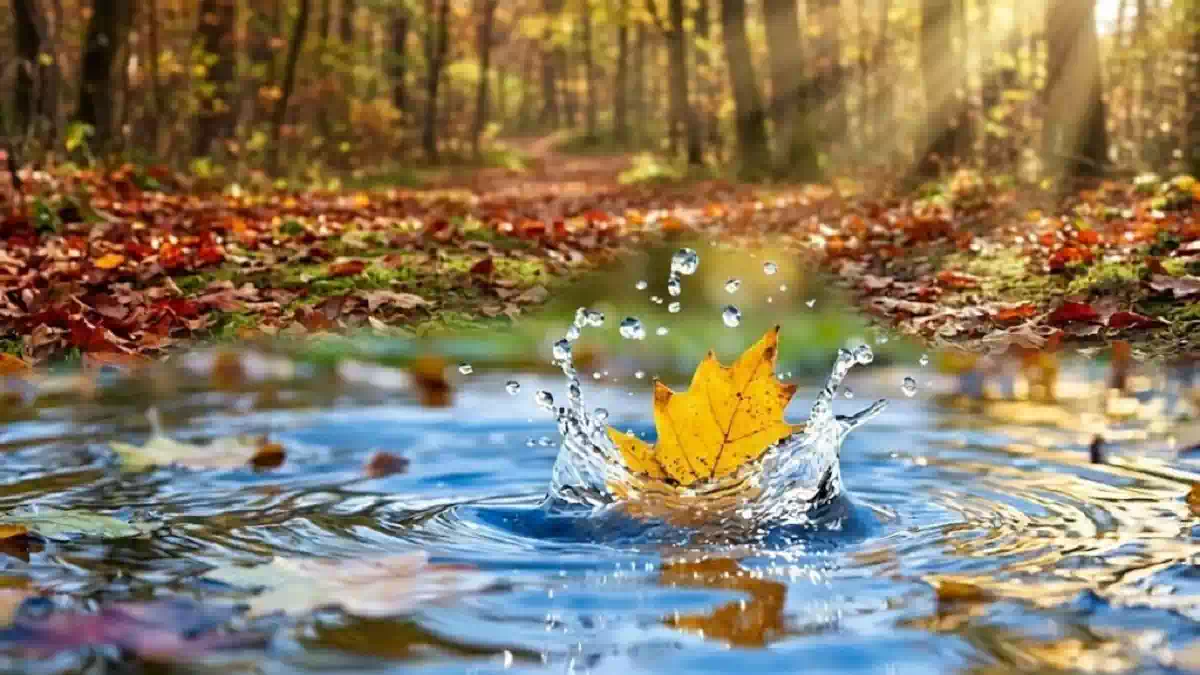 Meteo autunno 2026: foglia gialla che cade in una pozza d'acqua con schizzi e riflessi di luce tra pioggia e caldo.
